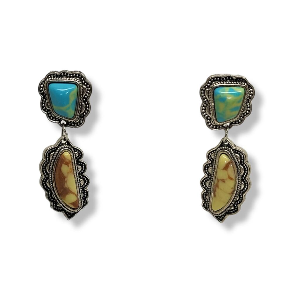 Silver-Tone Southwest Design Simulated Gemstone Drop Dangle Pierced Earrings